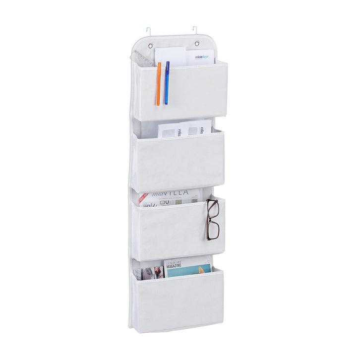 Relaxdays Hängeorganizer, 4 Fächer, Vlies Hängeaufbewahrung, weiss | Tür Organizer, Haken zum Einhän