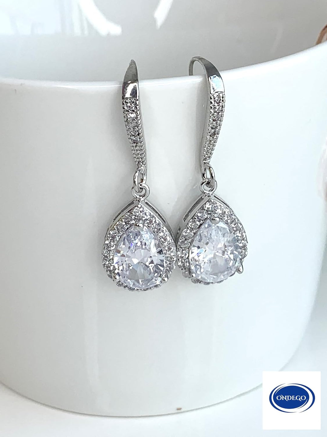 ONDEGO® Zirkonia SILBER Tropfen Strass Ohrringe Glitzer Ohrhänger Schmuck Creolen lang Geschenk XXL