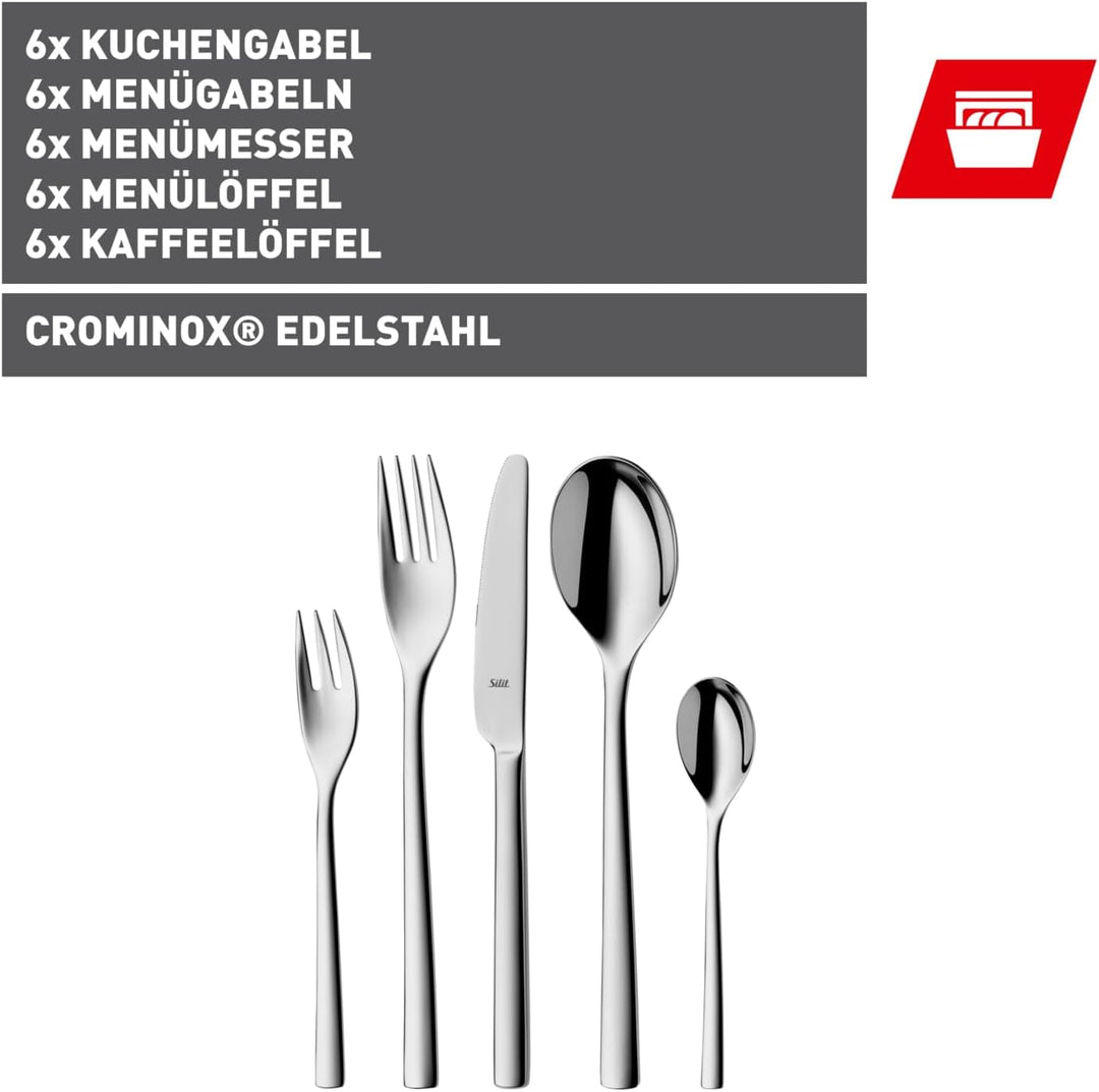 Silit Trend Besteck Set 6 Personen, 30-teilig, Monobloc-Messer, Crominox Edelstahl poliert, rostfrei