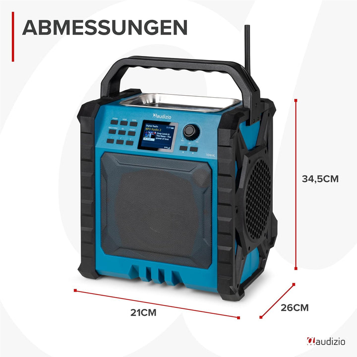 Audizio Jobsite XL - Baustellenradio DAB Plus Radio mit Bluetooth 5.0, Akku 15h, 200 Watt, IP54 Wass