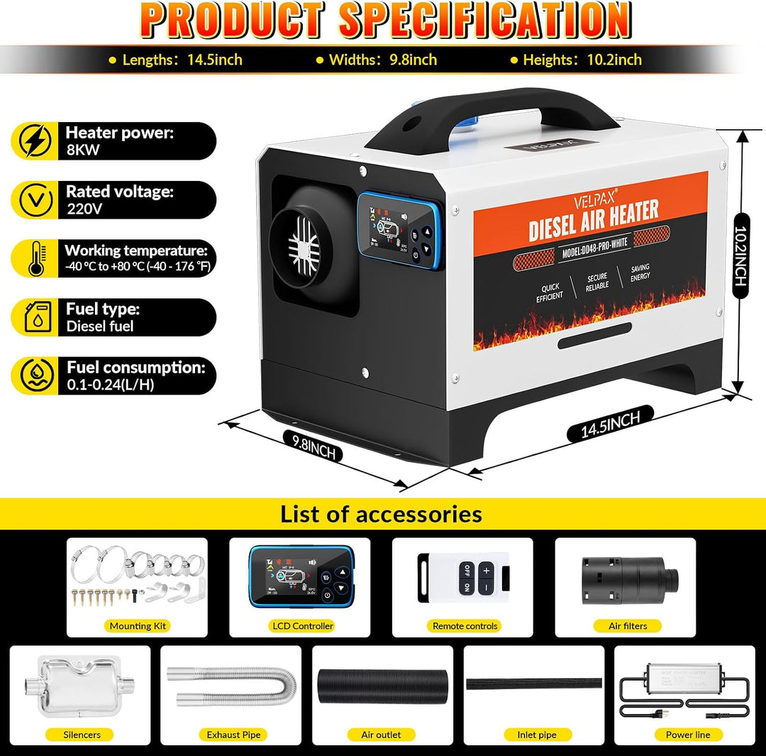 Diesel-Luftheizung All-in-One-Dieselheizung mit 8 kW, Fernbedienung und LCD-Schalteranzeige, 12 V, 2