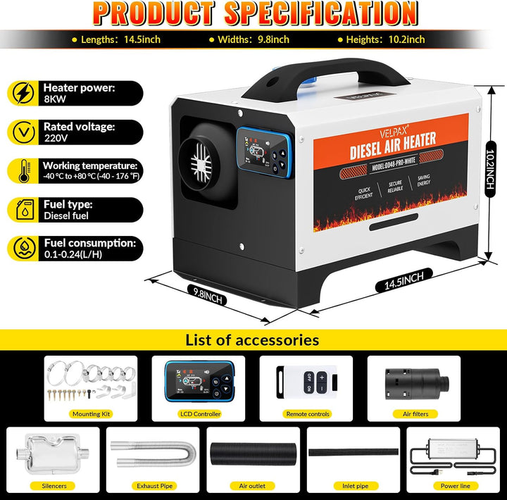 Diesel-Luftheizung All-in-One-Dieselheizung mit 8 kW, Fernbedienung und LCD-Schalteranzeige, 12 V, 2