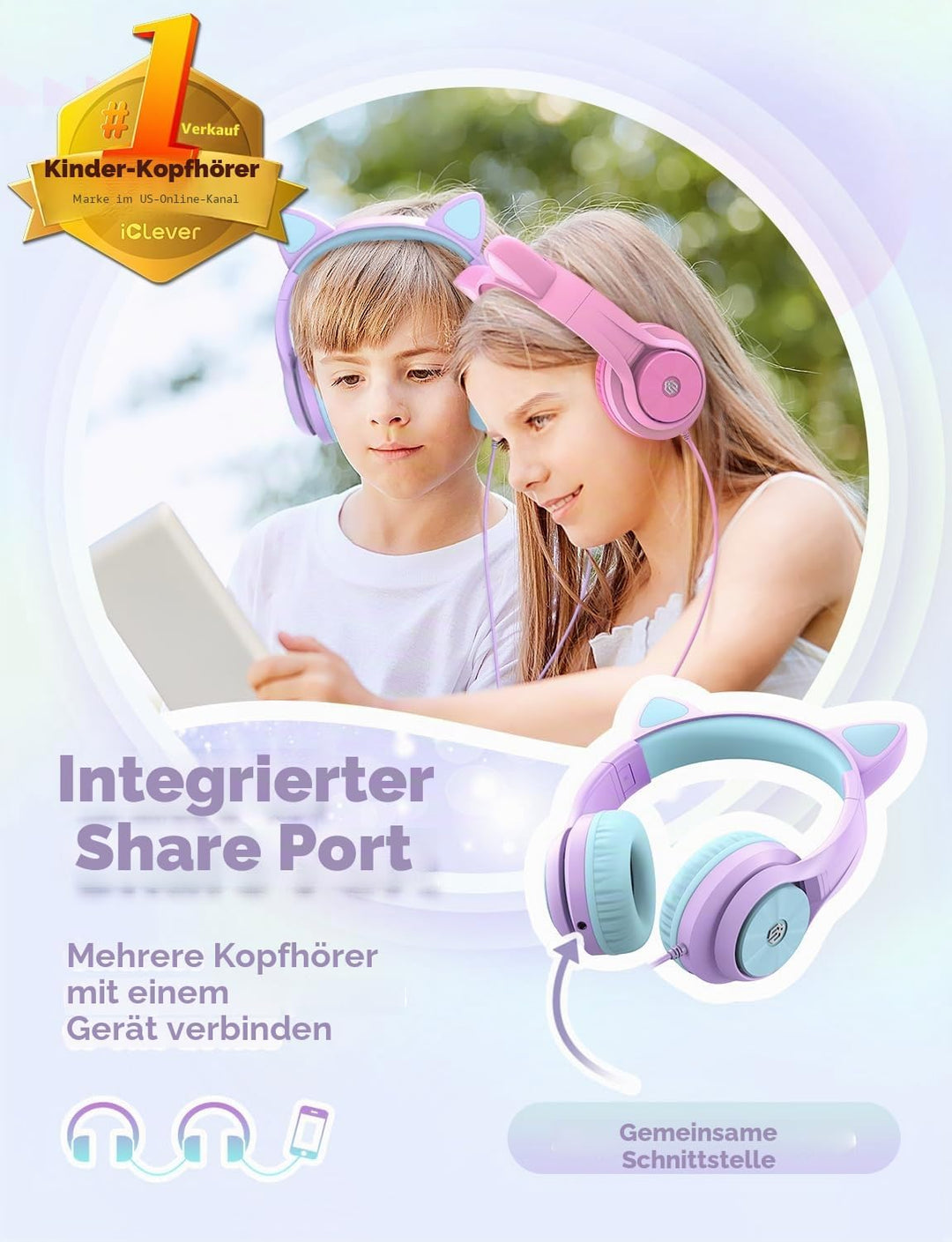 iClever Kinder Kopfhörer, Katzenohr-LED-Leuchte Over-Ear mit 85dBA Lautstärkebegrenzung Faltbare HD
