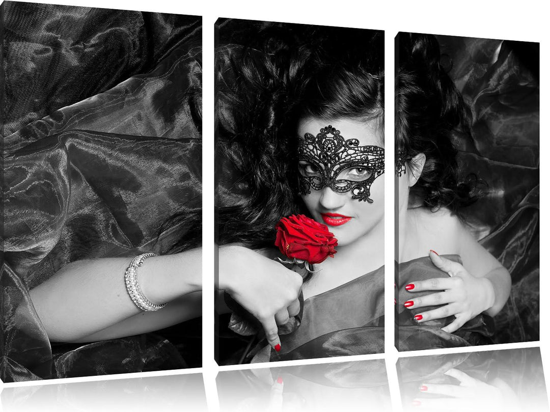 Maskierte Lady mit Rose schwarz/weiss 3-Teiler Leinwandbild 120x80 Bild auf Leinwand, XXL riesige Bi