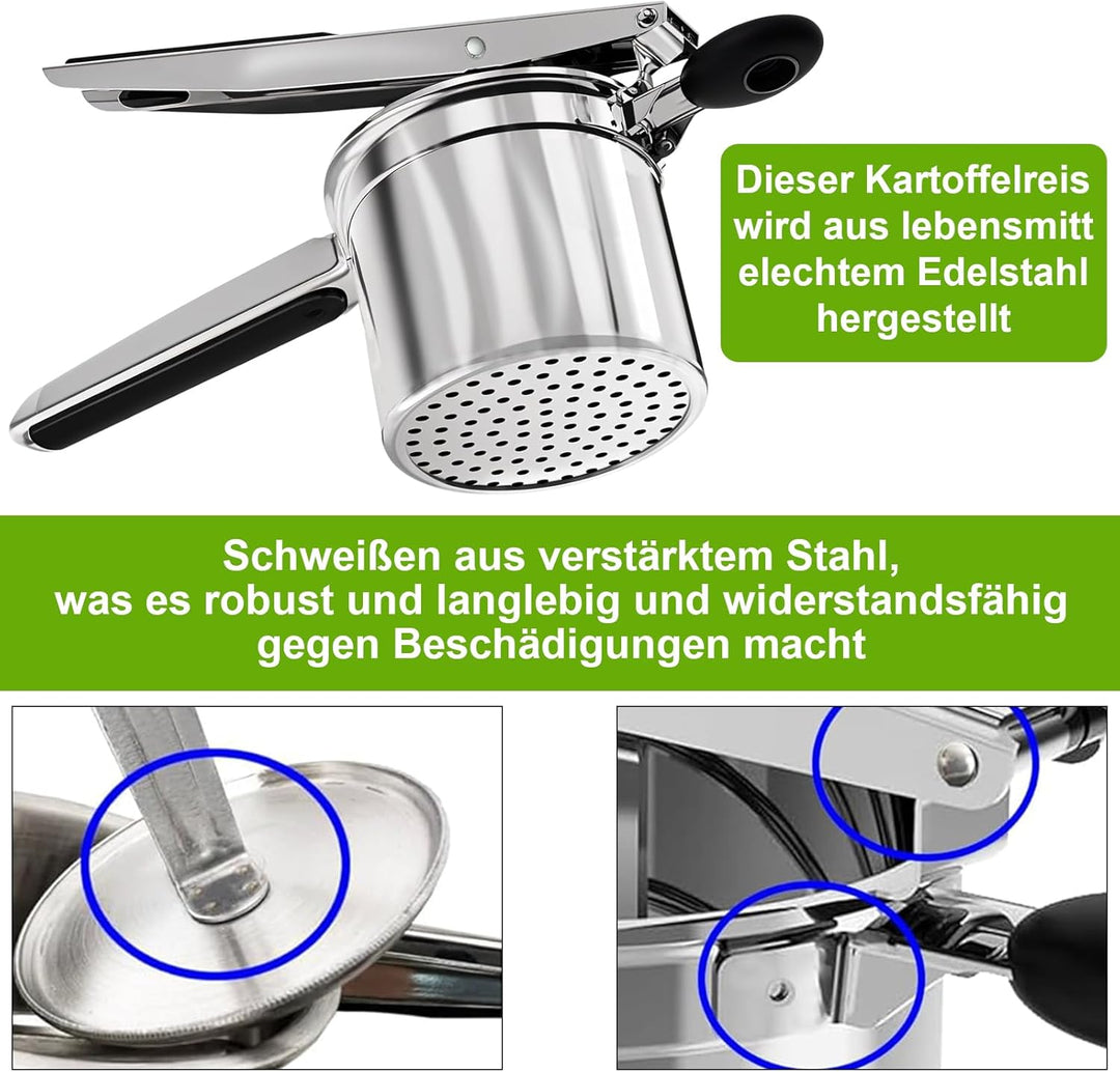 Edelstahl-Kartoffelpresse mit 3 austauschbaren Klingen, Silikongriff, multifunktional für Kartoffelb