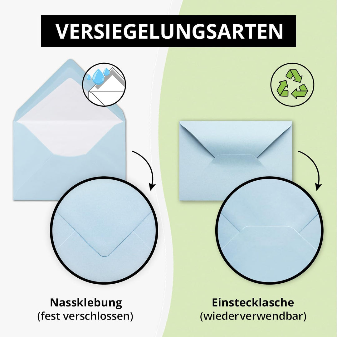 50 Briefumschläge Hellblau - DIN C6 - gefüttert mit weissem Seidenpapier - 80 g/m² - 11,4 x 16,2 cm