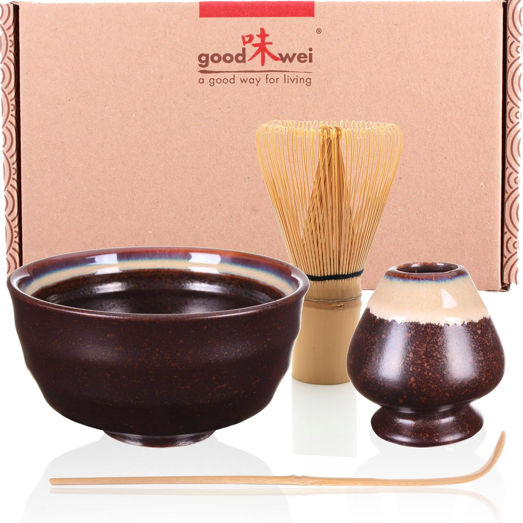 Goodwei Matcha Set mit Matcha Besen, Matcha Schale und Besenhalter aus Keramik | Geschenkset (Kumo),