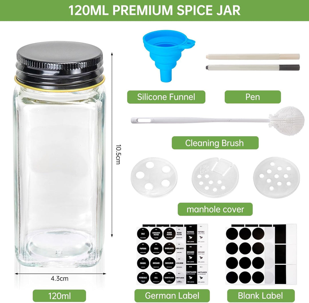 Gewürzgläser Eckig Set 24er, Gewürzdosen Glas 120ml, Gewürzstreuer Mit Schwarz Deckel, Gewürz Organi