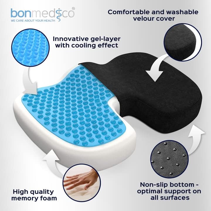 bonmedico Sitzkissen orthopädisch - Memory Foam mit Gel - Ergonomisches Sitzkissen, Bürostuhl Sitzki