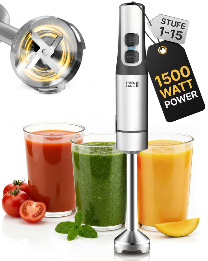 LEBENLANG 1200W Stabmixer Edelstahl - Inkl. 800ml Messbecher & Spritzschutz I Stufenlos verstellbar