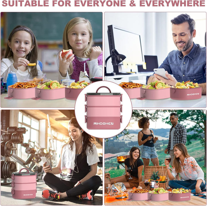 RIKDOKEN Bento Box Lunchbox, stapelbare 3-lagige Behälter, tragbare 2.6 l grosse Kapazität, auslaufs