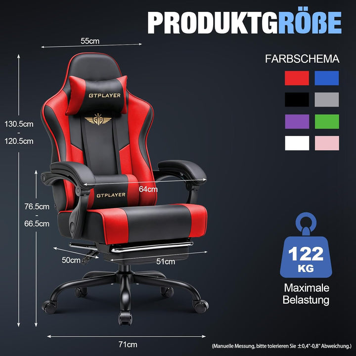 GTPLAYER Gaming Stuhl Chair Gamer Sessel - Ergonomischer Gamer Stuhl mit Fussstütze Kopfstütze und L