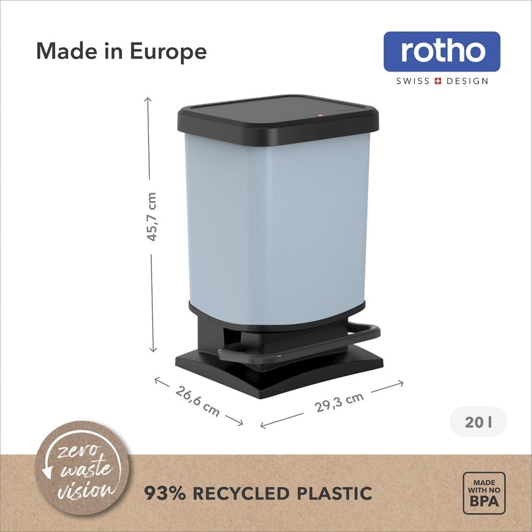 Rotho Paso Mülleimer 20l mit Deckel, Kunststoff (PP recycelt) BPA-frei, blau, 20l (29.3 x 26.6 x 45.