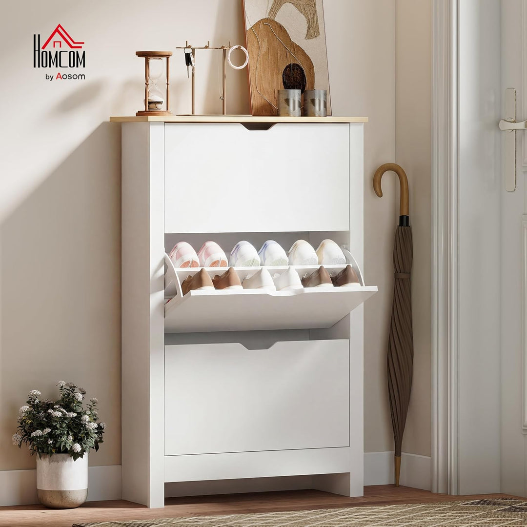HOMCOM Schuhschrank mit 3 Klappen, Schuhregal, Schuhkipper Schmal mit verstellbar Trennwand, Schuhko