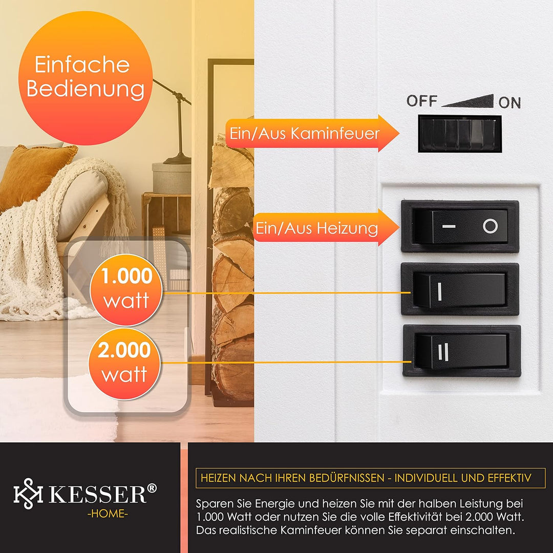 KESSER® Elektrokamin mit Heizlüfter & Fernbedienung 2000W Elektro Kamin Elektrischer Heizung LED Kam