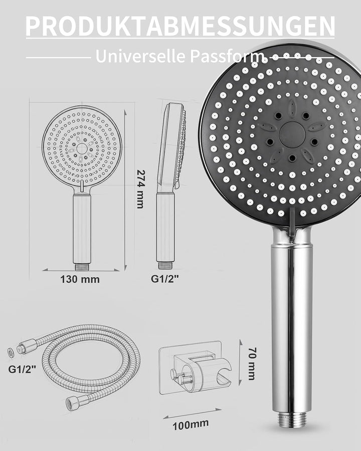 OFFO Duschkopf mit Schlauch 1,6m und Halterung, Handbrause mit Filter 6 Strahlarten, Duschkopf Gross