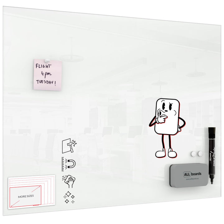 ALLboards Glasboard Magnetisch Weiss 80x60cm, Rahmenlos, Glastafel, Magnettafel, Gehärtetes Glas, We