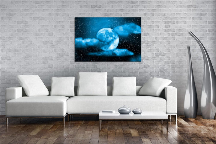 deyoli Mond am bewölkten Nachthimmel Format 80x60 Effekt: Monocrome Blau als Leinwandbild, Motiv fer