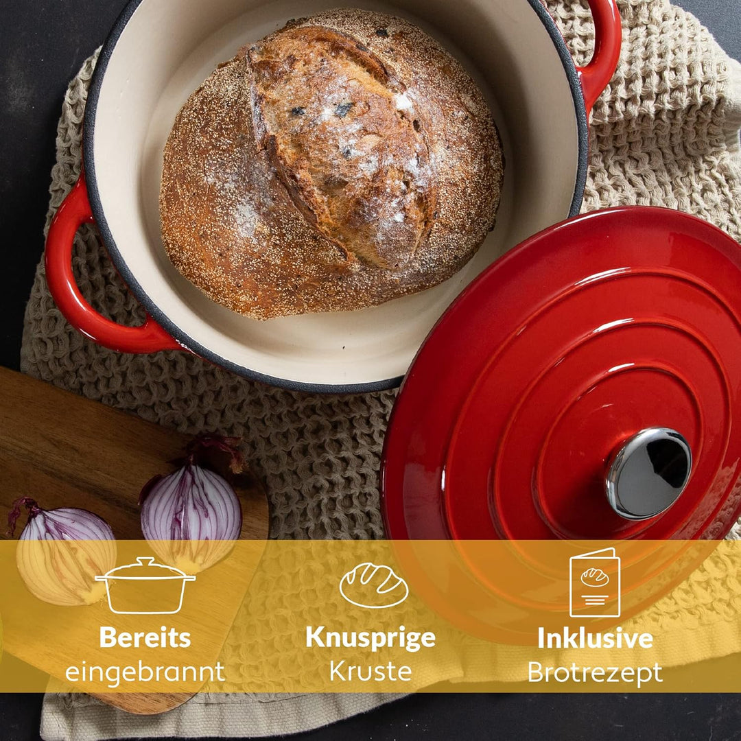 Chefarone Gusseisen Topf 24 cm, 3,5 L – Schmortopf emailliert mit Deckel für Brot backen, Schmoren &