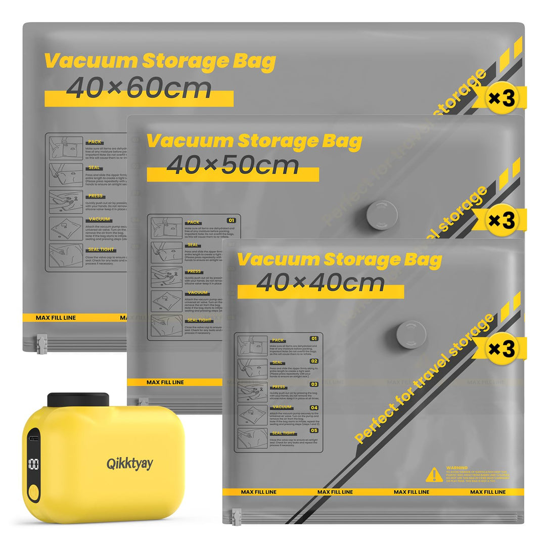 Vakuumbeutel für Kleidung mit Kabellose Vakuumpumpe – 9 Set wiederverwendbare Vakuumbeutel (40×40/40