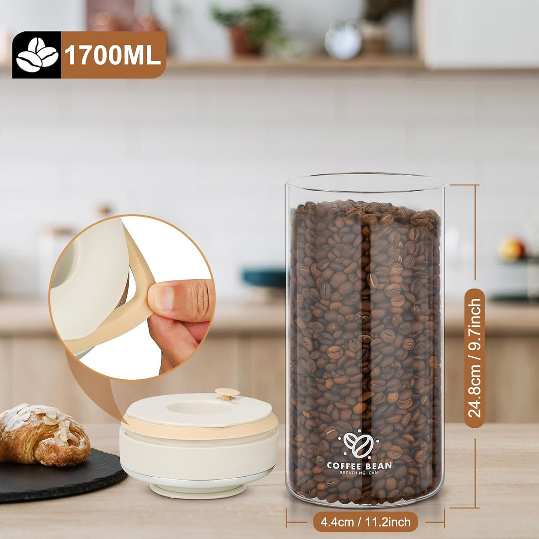 Kaffeedose Luftdicht 500g Bohnen, 1.7L Kaffeebehälter mit Vakuumdeckel, Borosilikatglas Vakuumbehält