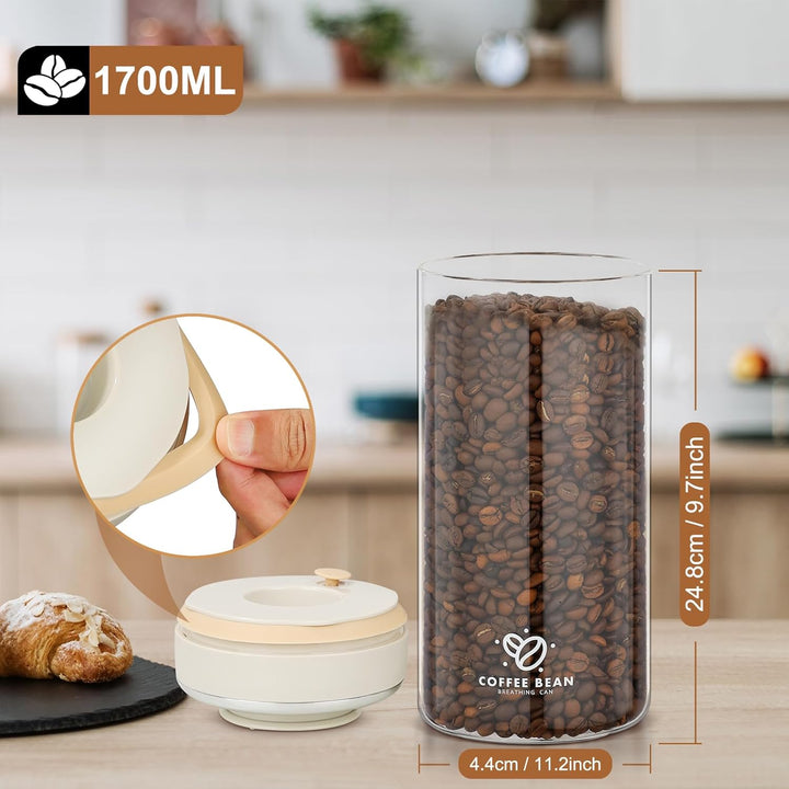 Kaffeedose Luftdicht 500g Bohnen, 1.7L Kaffeebehälter mit Vakuumdeckel, Borosilikatglas Vakuumbehält