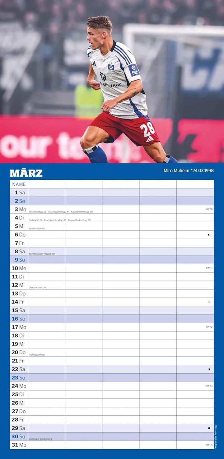 N NEUMANNVERLAGE - Hamburger SV 2025 Fan-Timer, 22x45cm, Fussball-Familienplaner mit 5 Spalten und M