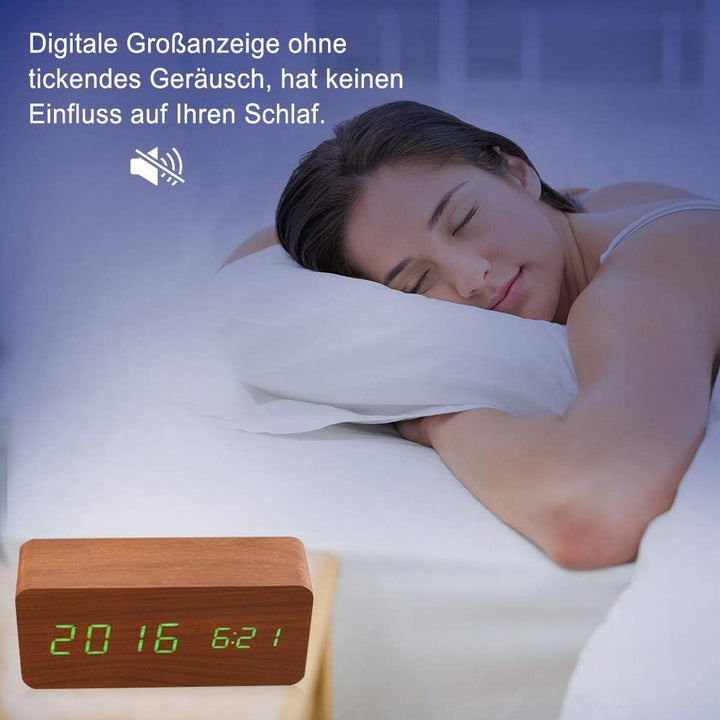 Digitaler Wecker Hölzerner, Leise LED-Anzeige Einstellbare Helligkeit/Sound Control, Tischuhr Indika