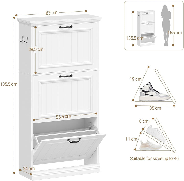 Hzuaneri Schuhschrank mit 3 Klappen, Schmaler Schuhschrank, Holz Schuhkipper, Trennwand Verstellbar,