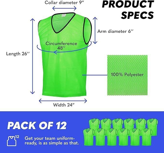 GSI Sports Pinnies – Packs of 6 or 12 – Free Size – Mesh Training Vests for Soccer, Basketball –7 Co