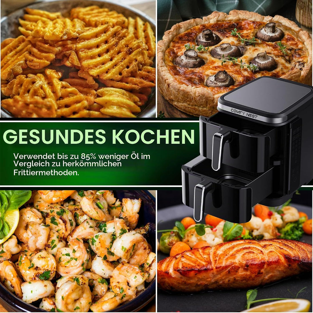 Comfy Nest, 11-Liter-Doppelkorb-Luftfritteuse, Heissluftfritteuse, gleichzeitiges Kochen, digitaler