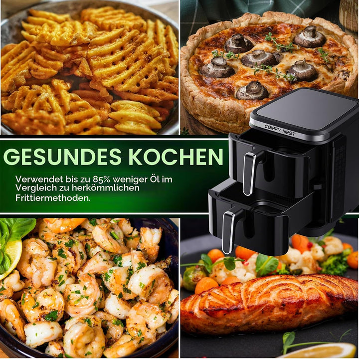 Comfy Nest, 11-Liter-Doppelkorb-Luftfritteuse, Heissluftfritteuse, gleichzeitiges Kochen, digitaler