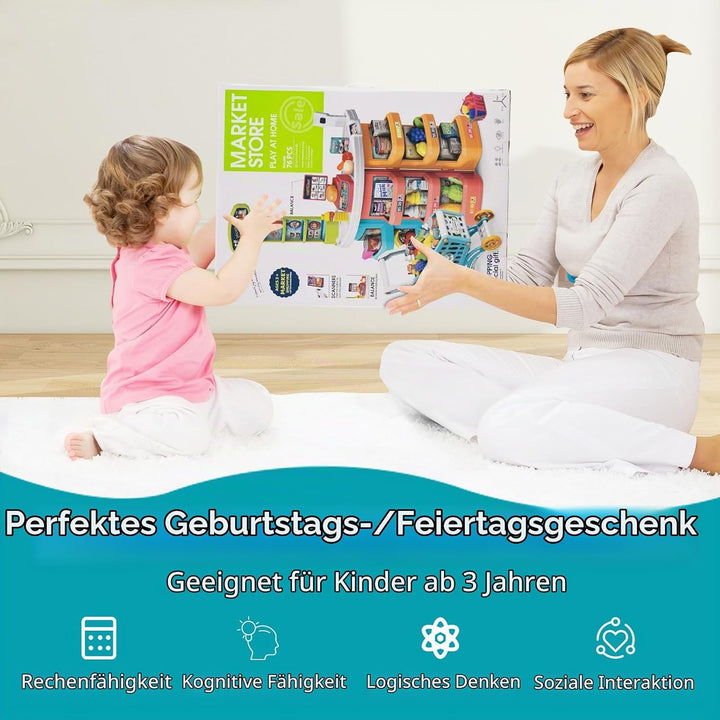 HOMASIS Supermarkt mit Einkaufswagen &amp; 29 Zubehör, Kaufladen mit Licht &amp; Sound, Kaufmannsladen mit K