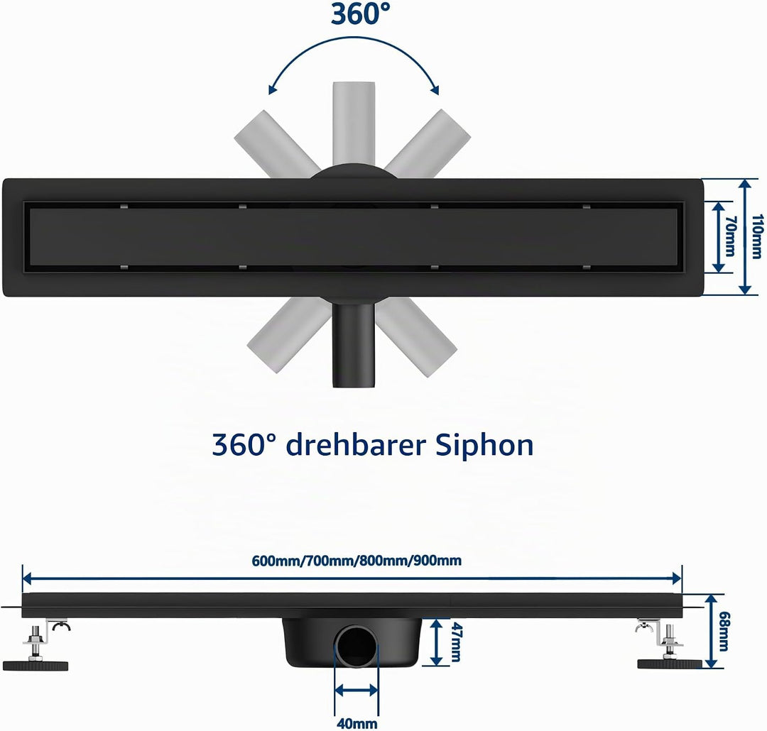 Neodrain Duschrinne 80cm Edelstahl Bodenablauf - 2 in 1 Duschablauf Flach Schwarz mit 360° Siphon, G