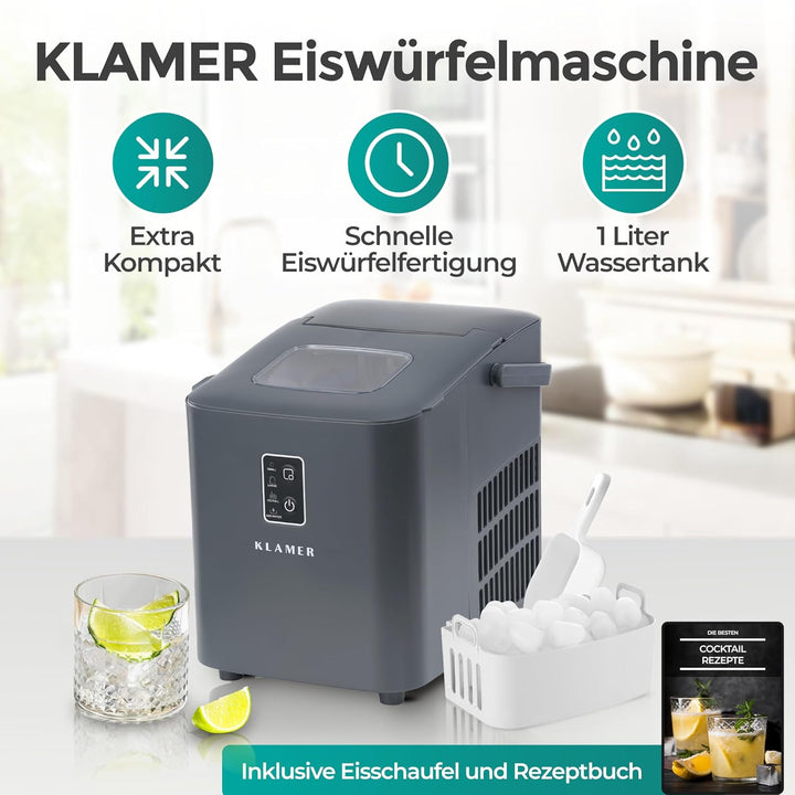 KLAMER Eiswürfelmaschine klein (2025), 8 Eiswürfel in 8 Minuten, 11 kg Eiswürfel pro Tag, 2 Eiswürfe