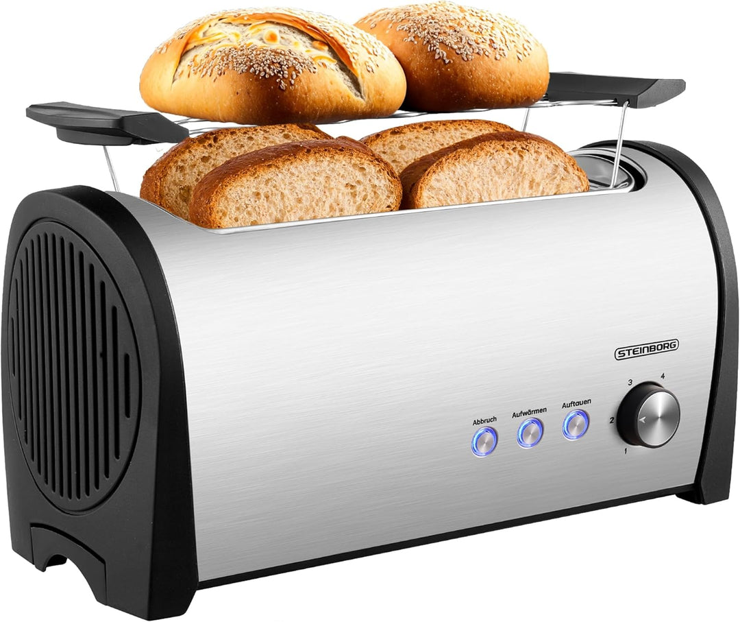 Steinborg Toaster 4 Scheiben mit Brötchenaufsatz XXL Langschlitztoaster Edelstahl Blaue LED Beleucht