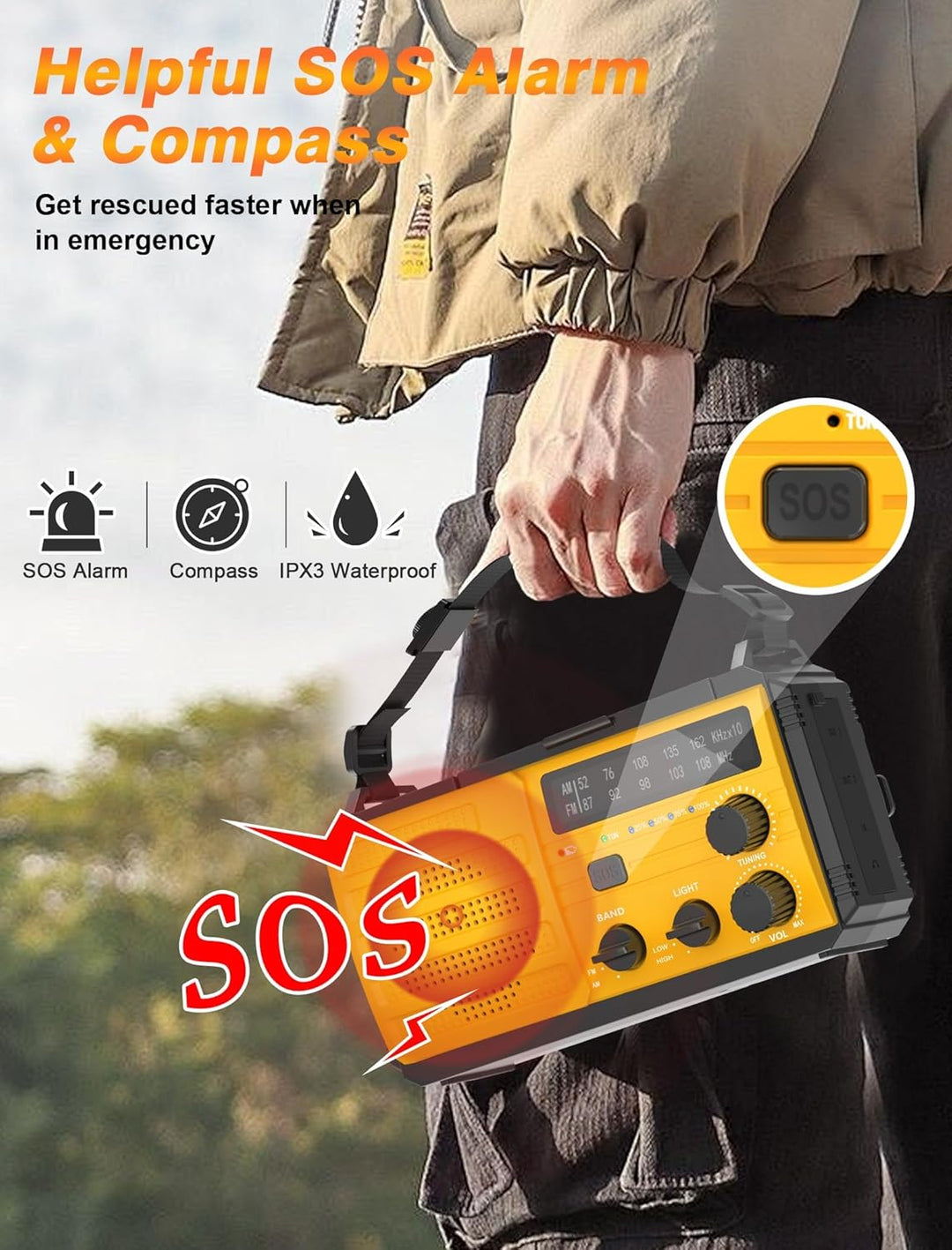 Tragbarer Solarradio Kurbelradio mit 3 Lademöglichkeiten, 8000 mAh Powerbank, AM/FM-Radio, SOS-Alarm