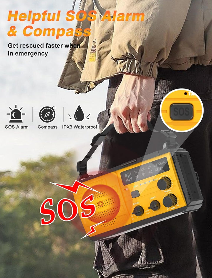 Tragbarer Solarradio Kurbelradio mit 3 Lademöglichkeiten, 8000 mAh Powerbank, AM/FM-Radio, SOS-Alarm