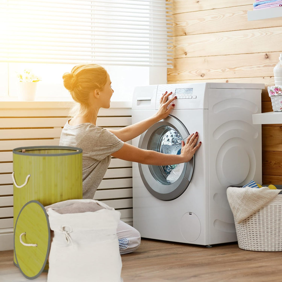 Relaxdays Wäschekorb Bambus, Faltbare Wäschetonne mit Deckel, Volumen 70l, Wäschesack Baumwolle, run