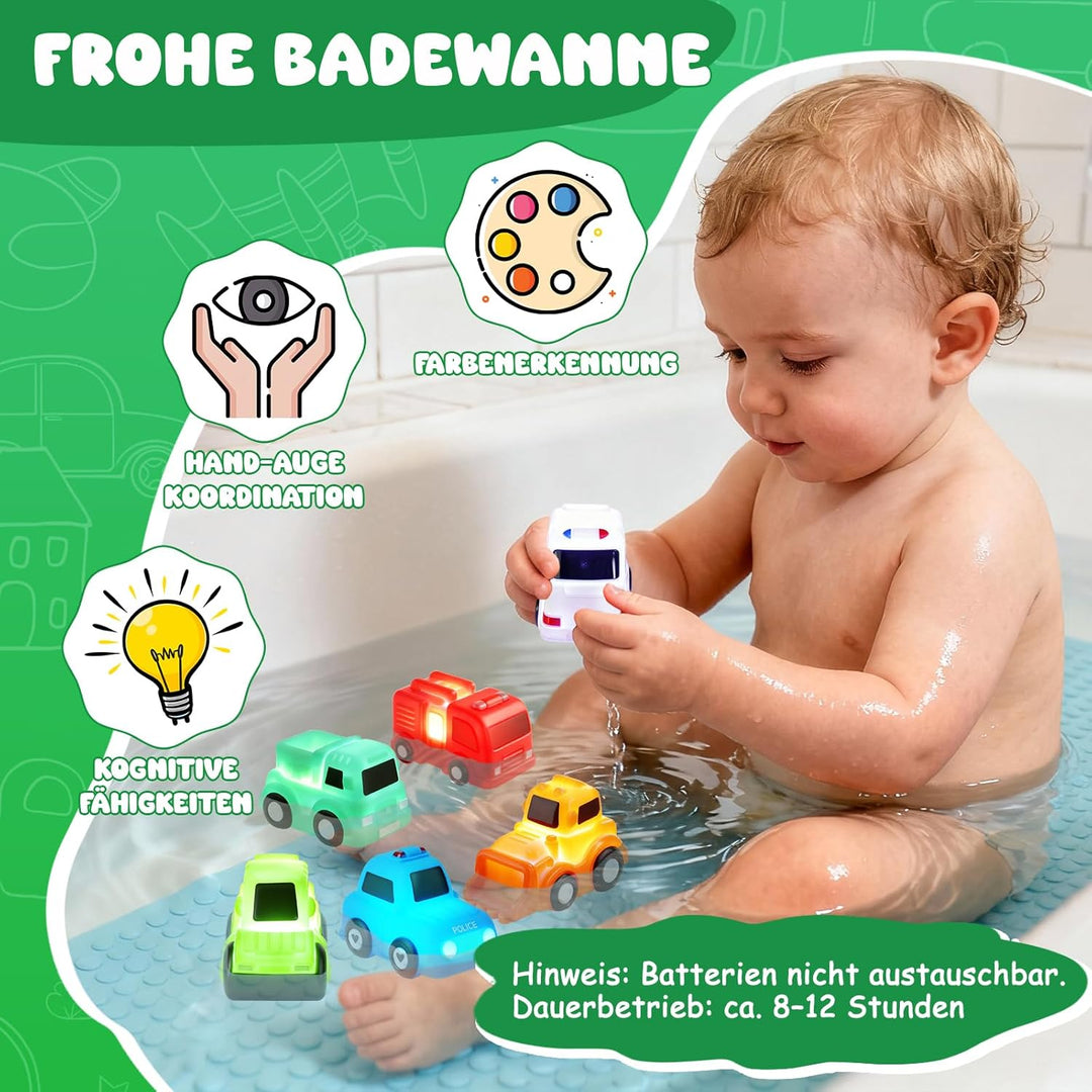 Badewannenspielzeug, 6 Stück Autos Badespielzeug mit Licht, Ohne Löcher Badespielzeug Baby ab 1 2 3