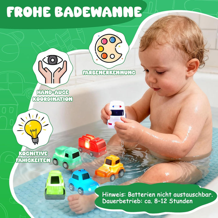Badewannenspielzeug, 6 Stück Autos Badespielzeug mit Licht, Ohne Löcher Badespielzeug Baby ab 1 2 3