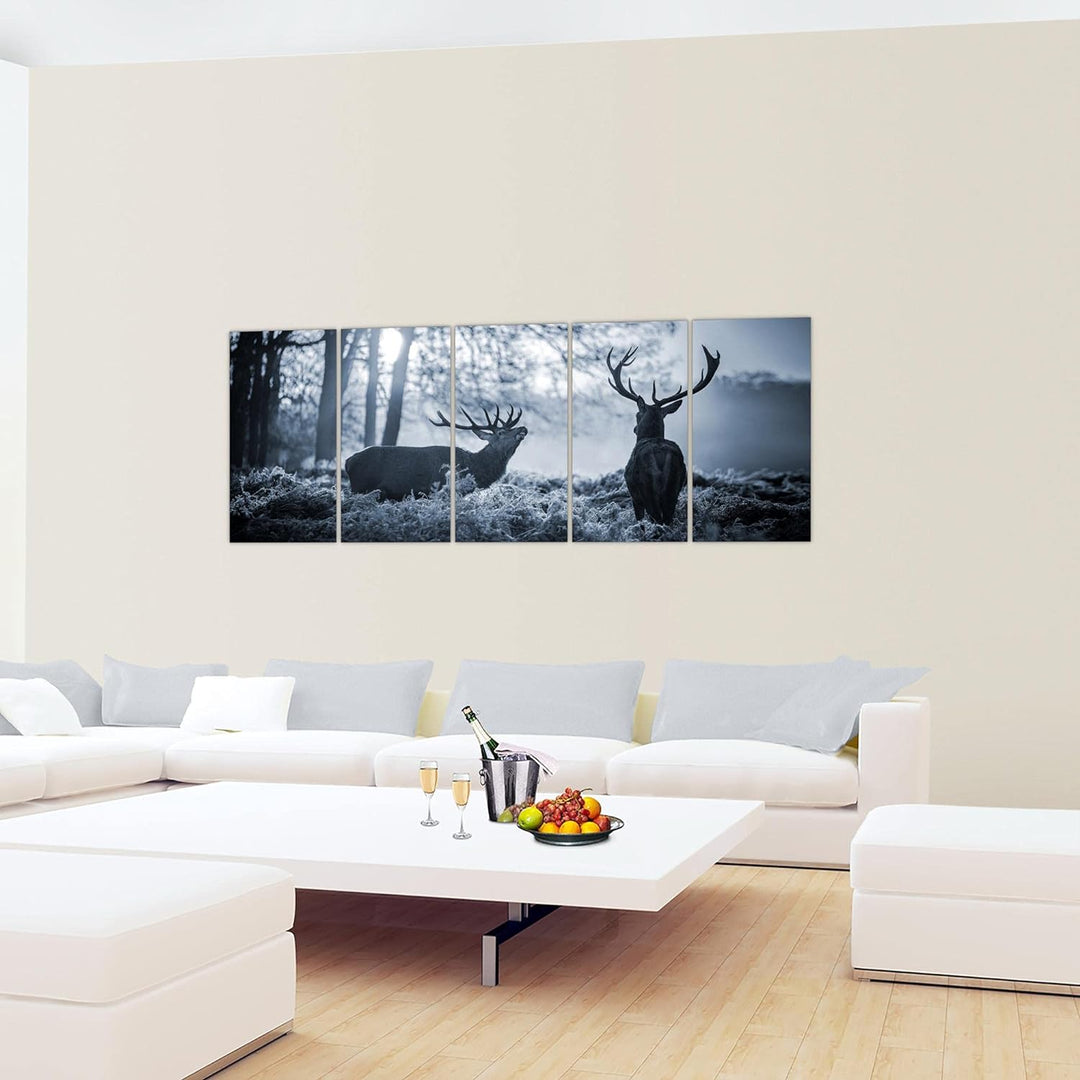 Runa Art Wandbild XXL Winter Hirsch Wohnzimmer Schlafzimmer 200 x 80 cm Grau Blau 5 Teilig - Made in
