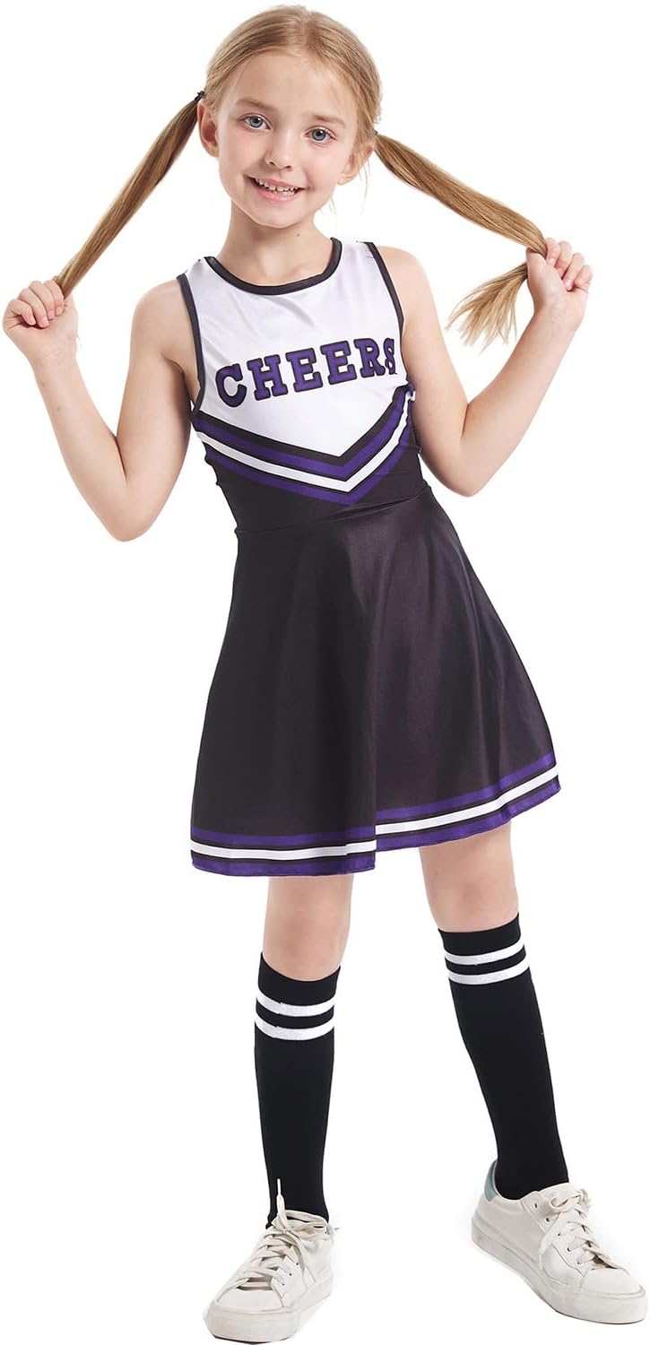 LOLANTA Cheerleader Kostüm Kinder, Cheerleadering Outfit Mädchen mit Pompons(11-12 Jahre,Schwarz,Tag