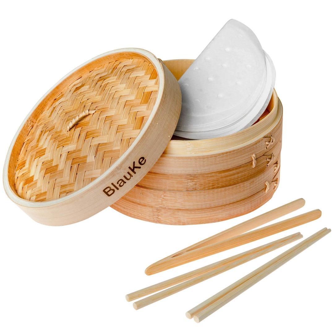 Bambusdämpfer (Bamboo Steamer) - 25cm mit 2 Etagen Bambus Dampfkörbe mit Deckel - 2 Paar Essstäbchen