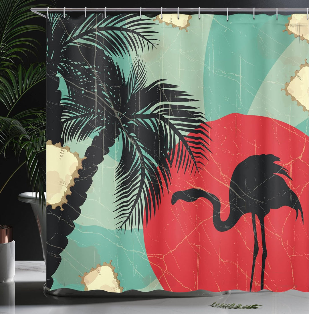 ABAKUHAUS Tropisch Duschvorhang, Grunge Flamingo Palm, Stoffliches Gewebe Badezimmerdekorationsset m