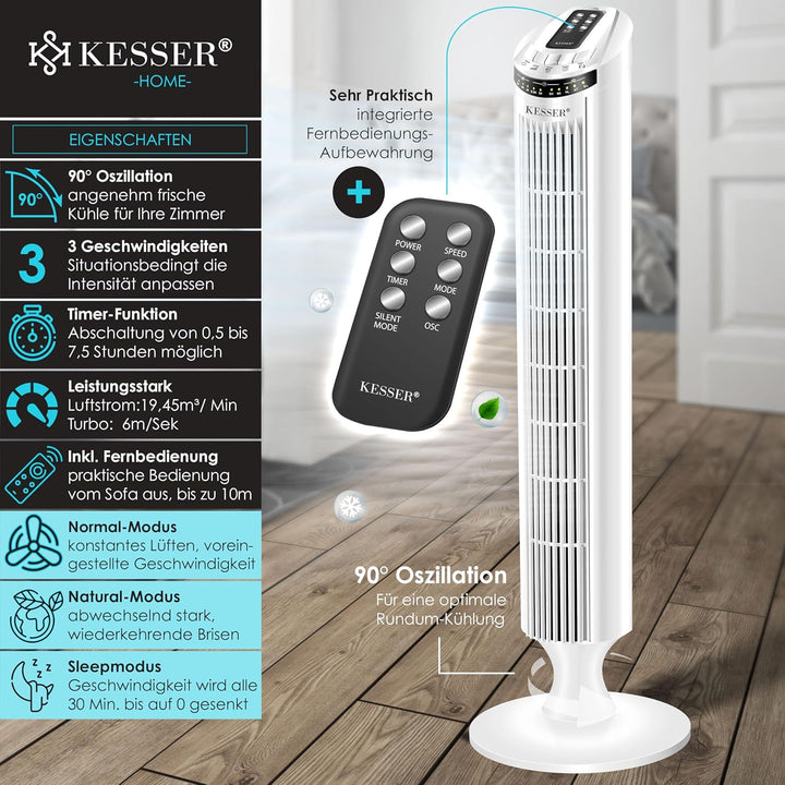 KESSER® Turmventilator mit Fernbedienung | 90° Oszillationswinkel | 3 Stufen | 90 cm |+ Timerfunktio