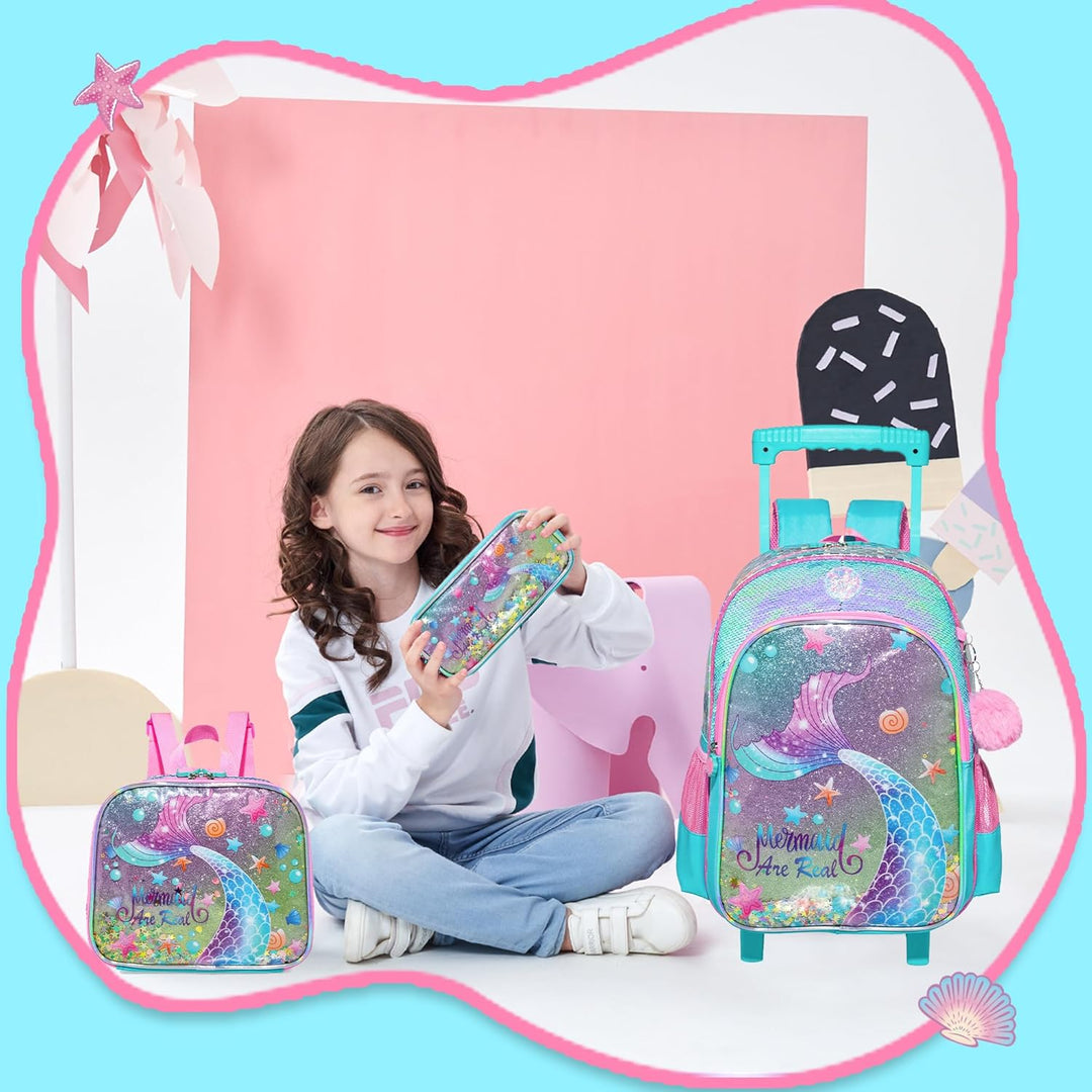 HTgroce Trolley Rucksack Mit Rollen, Federmäppchen, LunchTasche 3 in 1 Leicht Rolling Schulranzen fü