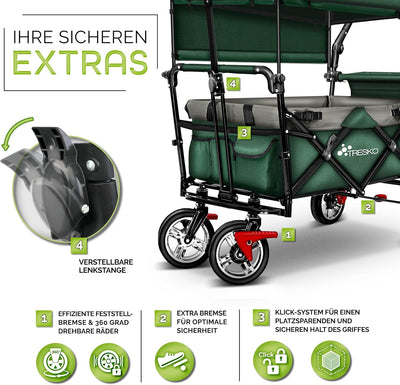 TRESKO® Bollerwagen faltbar mit Dach | Handwagen mit 2x3-Punkt Gurtsystem | Gartenwagen klappbar bis