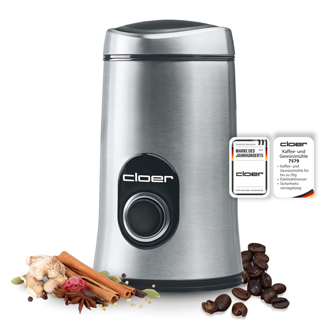 Cloer 7579 Elektrische Kaffeemühle, 150 W, für bis zu 50 g Kaffeebohnen, mattiertes Edelstahlgehäuse