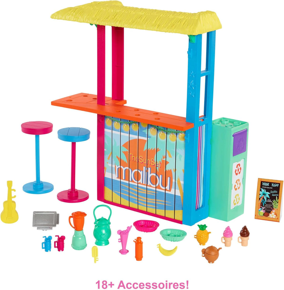 Barbie GYG23 - Loves The Ocean Strandhüttenspass Spielset mit mehr als 18 Zubehörteilen aus recycelt